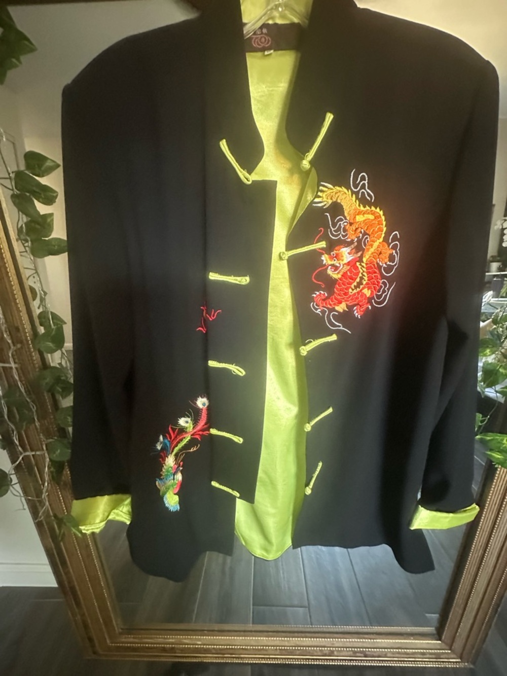 Black Embroidered Peacock & Dragon Satin-Lined Jacket - Lime Accents